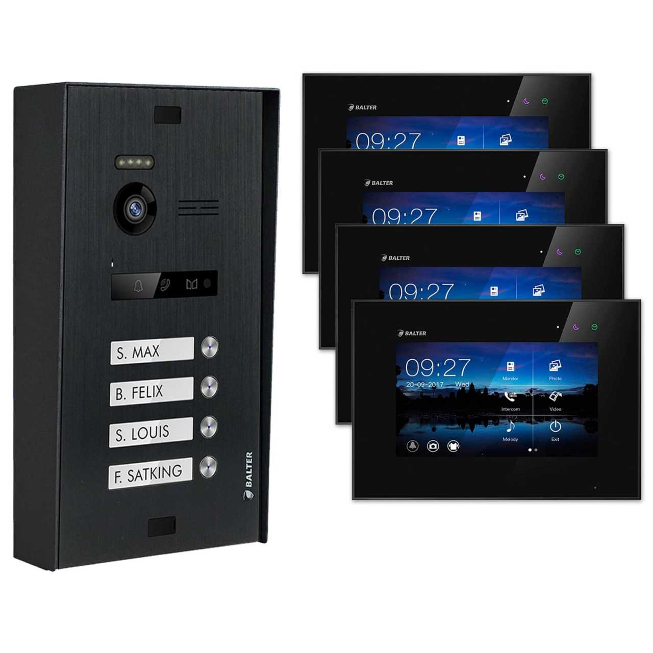 BALTER EVO Aufputz Video Türsprechanlagen Schwarz/Schwarz Set 4 Familienhaus 4x 7“ LCD Monitor von Balter