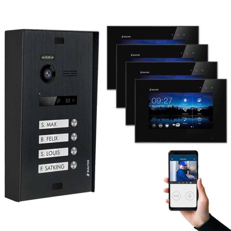 BALTER EVO Aufputz Video Türsprechanlagen Schwarz/Schwarz Set 4 Familienhaus 4x 7“ LCD Monitor WiFi von Balter