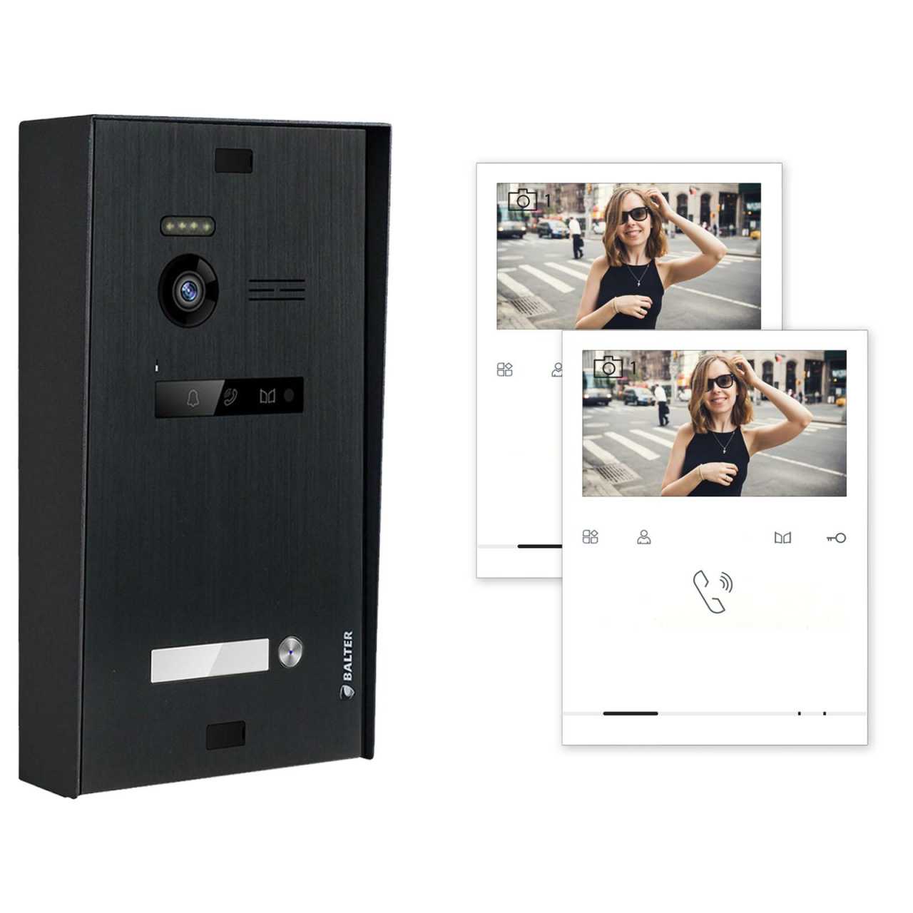 BALTER EVO Aufputz Video Türsprechanlagen Schwarz/Weiß Set 1 Familienhaus 2x 4.3“ LCD Quick Monitor von Balter