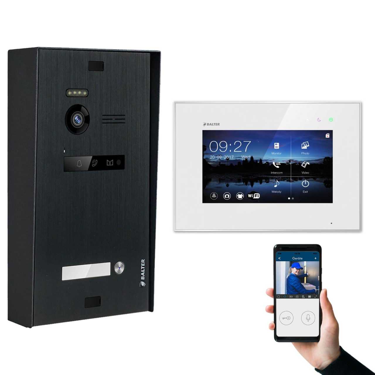BALTER EVO Aufputz Video Türsprechanlagen Schwarz/Weiß Set 1 Familienhaus Schwarz 1x 7 Monitor WiFi von Balter