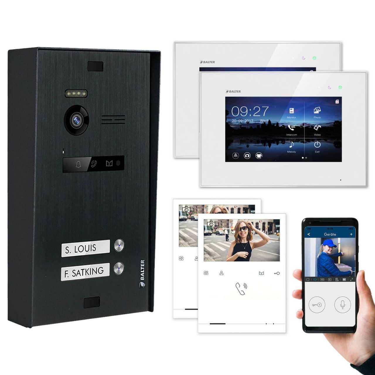 BALTER EVO Aufputz Video Türsprechanlagen Schwarz/Weiß Set 2 Familienhaus 2x 4.3“ Quick + 2x 7“ LCD Monitor WiFi von Balter