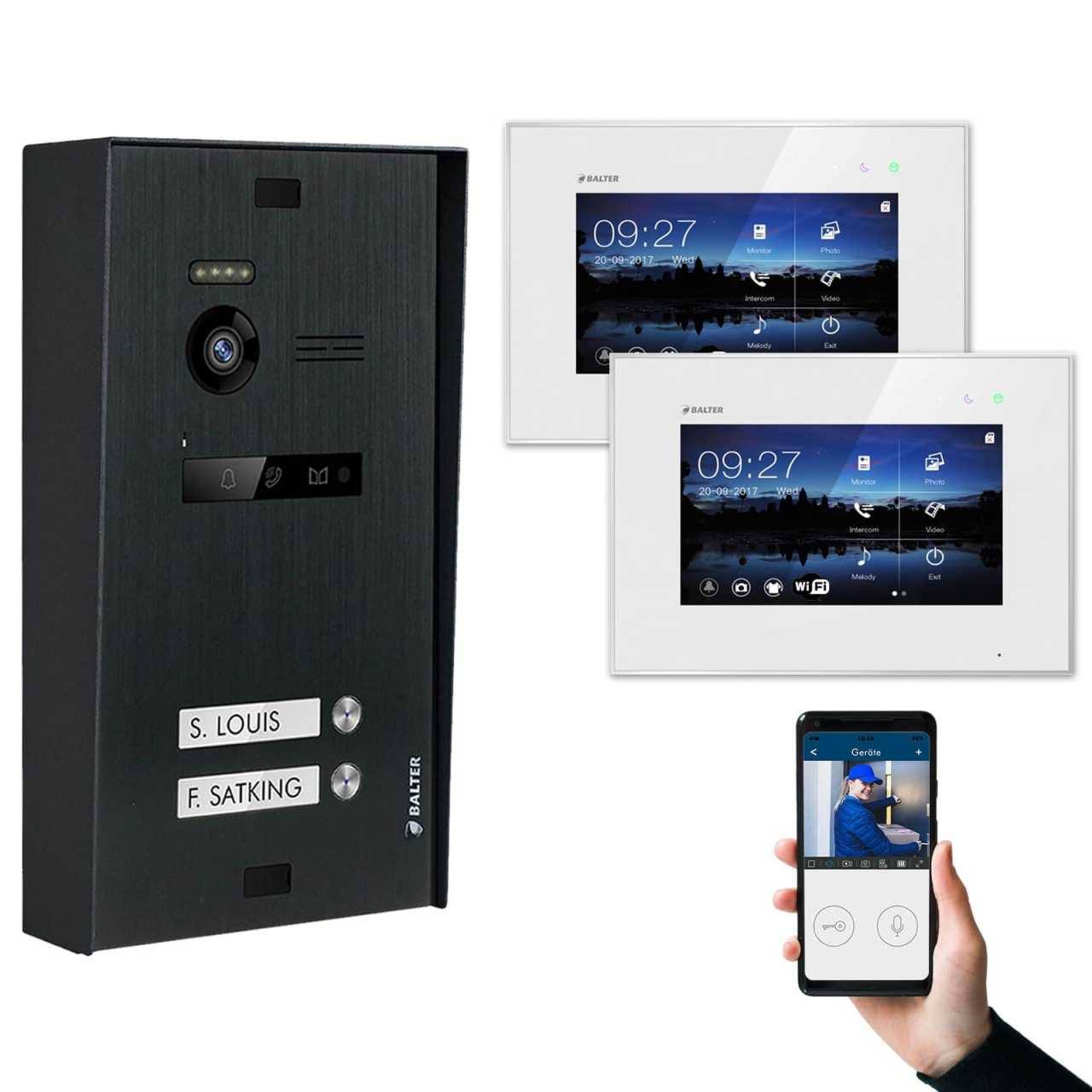 BALTER EVO Aufputz Video Türsprechanlagen Schwarz/Weiß Set 2x 7“ LCD Monitor WiFi 2 Familienhaus von Balter