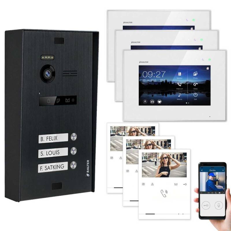 BALTER EVO Aufputz Video Türsprechanlagen Schwarz/Weiß Set 3 Familienhaus Schwarz 3x 7 Monitor WiFi + 3x Quick von Balter
