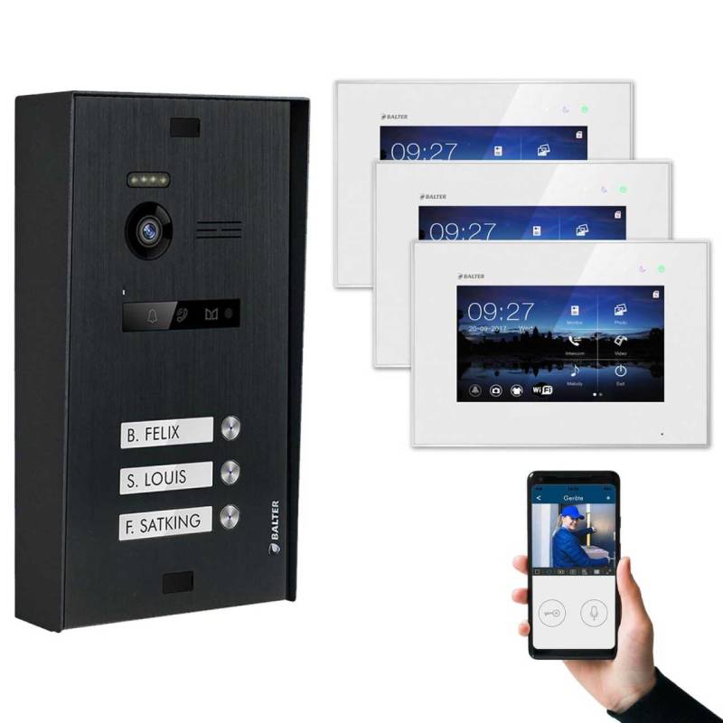 BALTER EVO Aufputz Video Türsprechanlagen Schwarz/Weiß Set 3 Familienhaus Schwarz 3x 7 Monitor WiFi von Balter