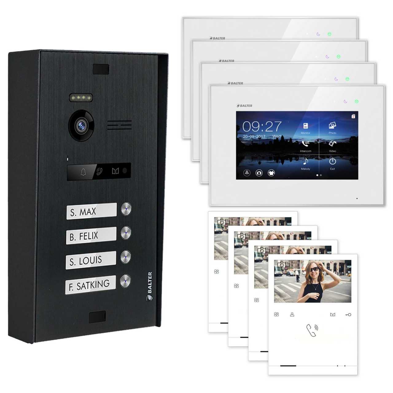 BALTER EVO Aufputz Video Türsprechanlagen Schwarz/Weiß Set 4 Familienhaus 4x 4.3“ Quick + 4x 7“ LCD Monitor von Balter