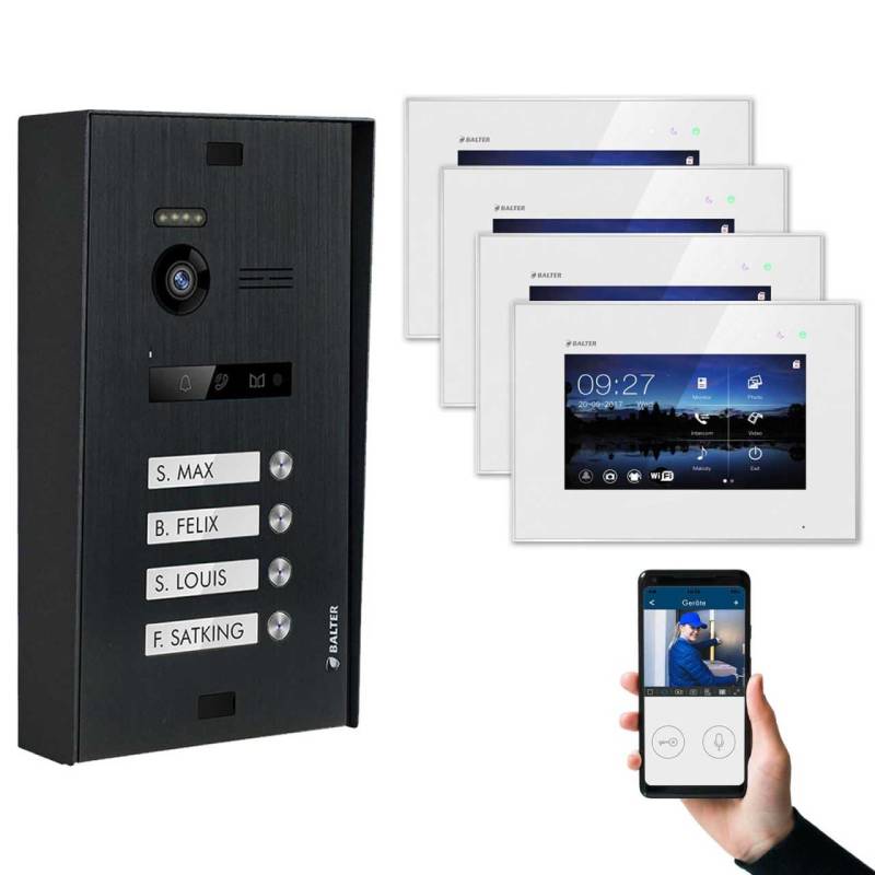 BALTER EVO Aufputz Video Türsprechanlagen Schwarz/Weiß Set 4 Familienhaus Schwarz 4x 7 Monitor WiFi von Balter