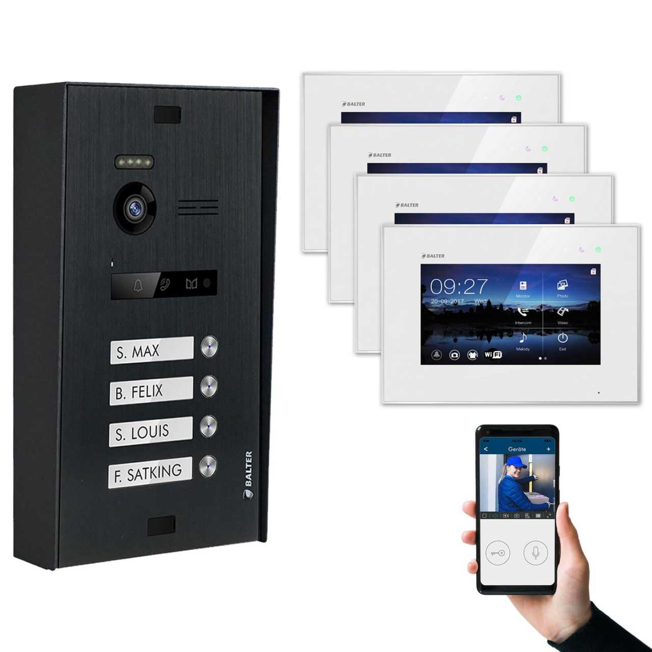 BALTER EVO Aufputz Video Türsprechanlagen Schwarz/Weiß Set 4 Familienhaus 4x 7“ LCD Monitor WiFi von Balter
