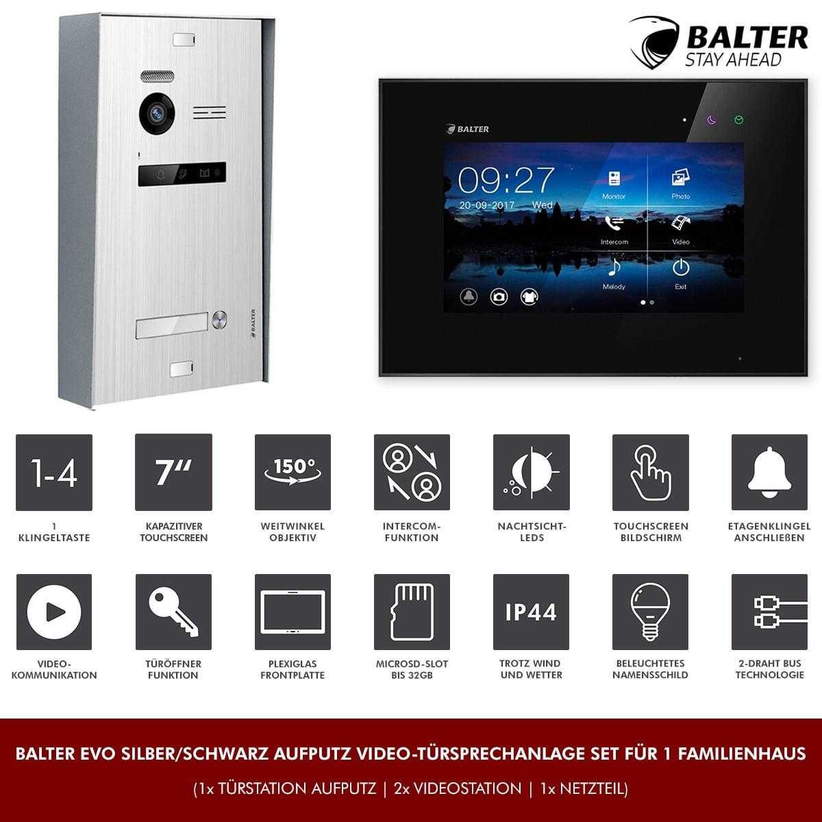 BALTER EVO Aufputz Video Türsprechanlagen Silber/Schwarz Set 1 Familienhaus 2x 7“ LCD Monitor von Balter