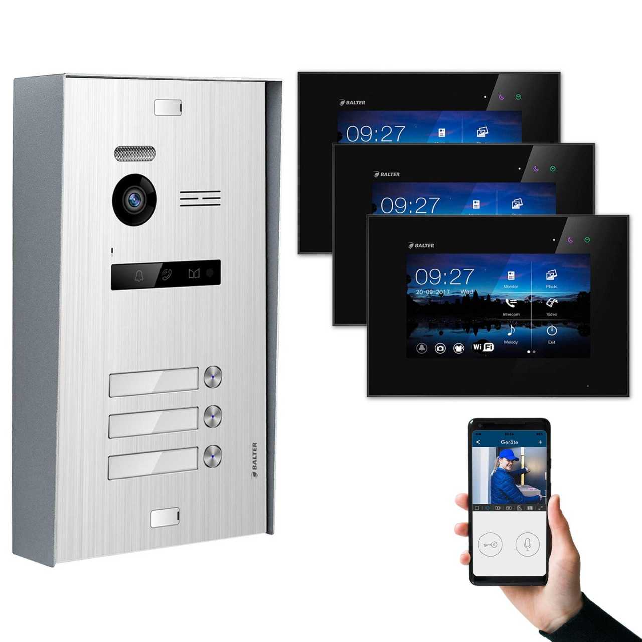 BALTER EVO Aufputz Video Türsprechanlagen Silber/Schwarz Set 3 Familienhaus 3x 7“ LCD Monitor WiFi von Balter