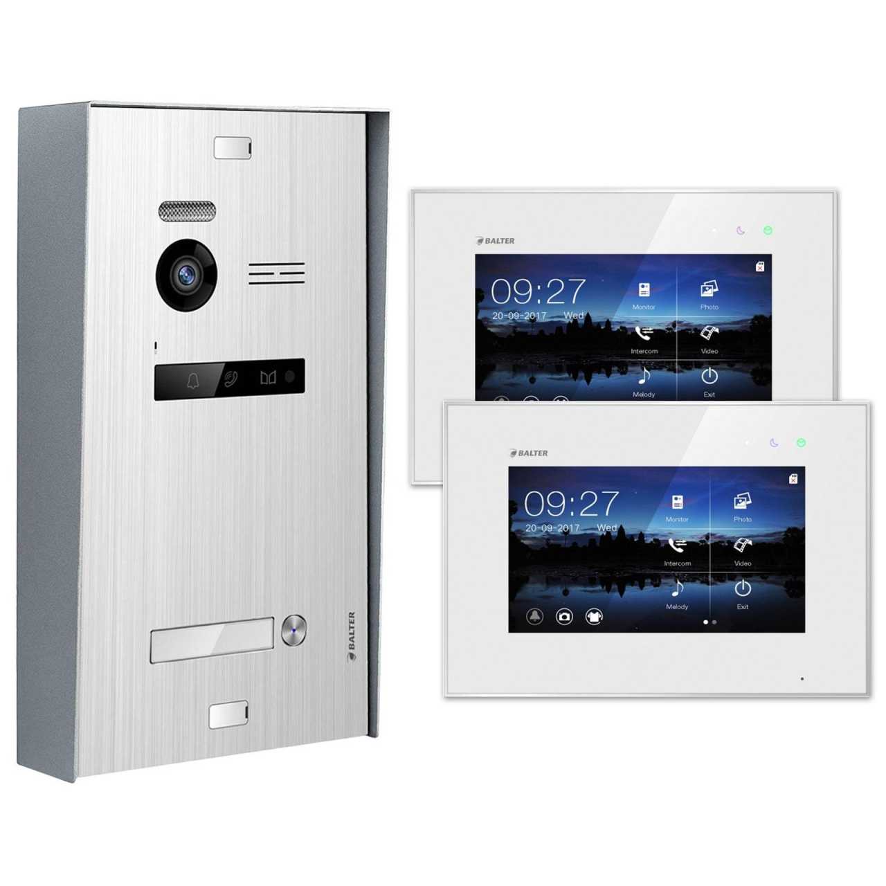 BALTER EVO Aufputz Video Türsprechanlagen Silber/Weiß Set 1 Familienhaus 2x 7“ LCD Monitor von Balter