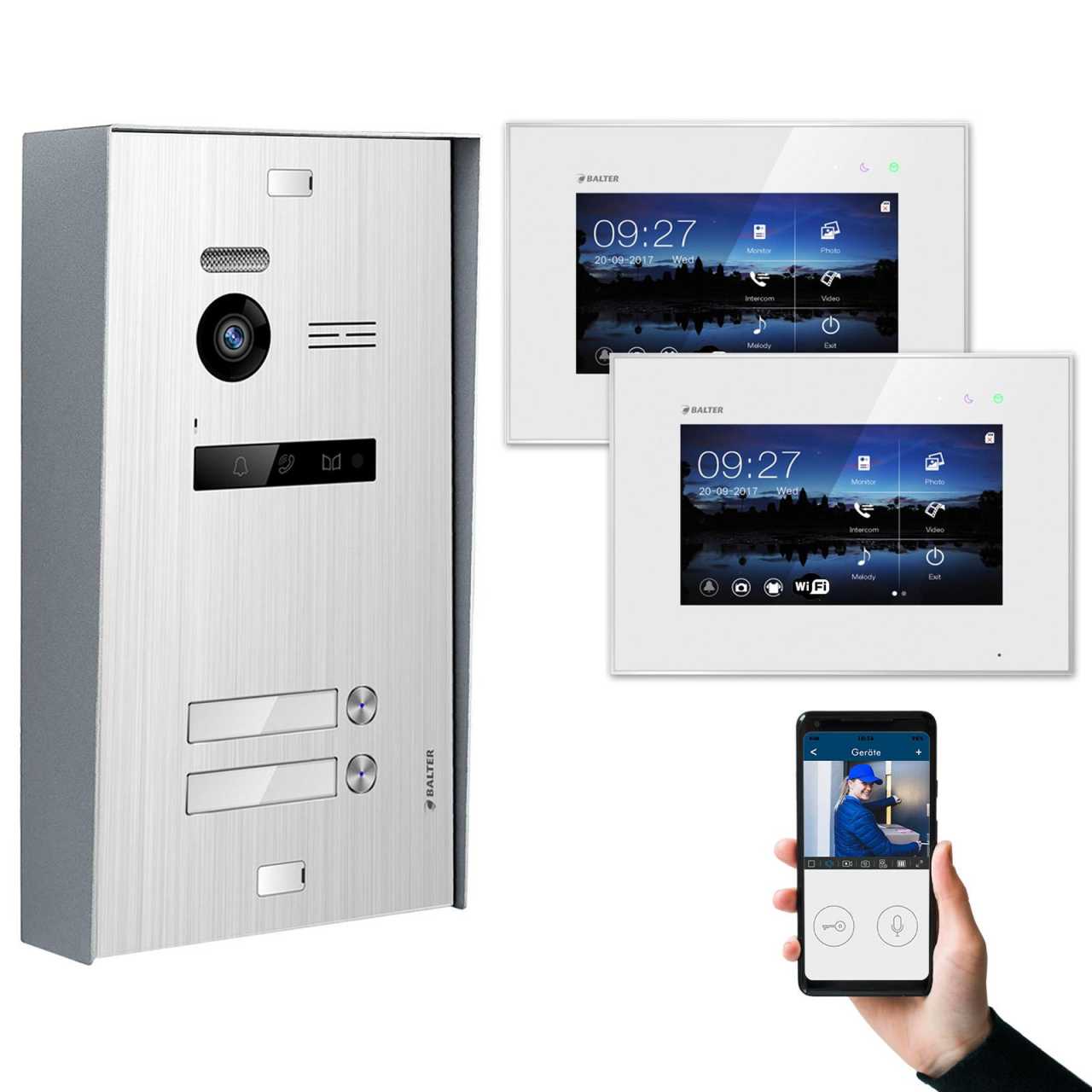 BALTER EVO Aufputz Video Türsprechanlagen Silber/Weiß Set 2x 7“ LCD Monitor WiFi 2 Familienhaus von Balter