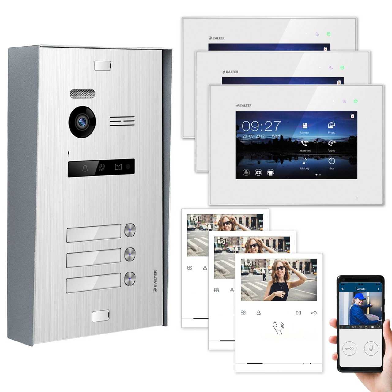 BALTER EVO Aufputz Video Türsprechanlagen Silber/Weiß Set 3 Familienhaus 3x 4.3“ Quick + 3x 7“ LCD Monitor WiFi von Balter