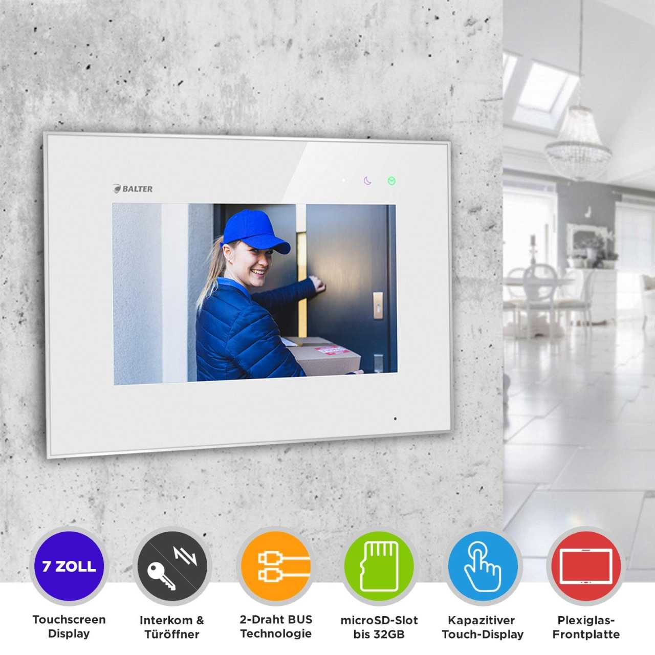 BALTER EVO Aufputz Video Türsprechanlagen Silber/Weiß Set 3 Familienhaus 3x 7“ LCD Monitor von Balter