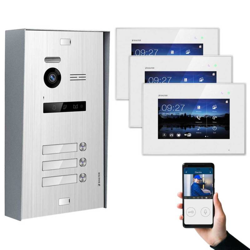 BALTER EVO Aufputz Video Türsprechanlagen Silber/Weiß Set 3 Familienhaus 3x 7“ LCD Monitor WiFi von Balter