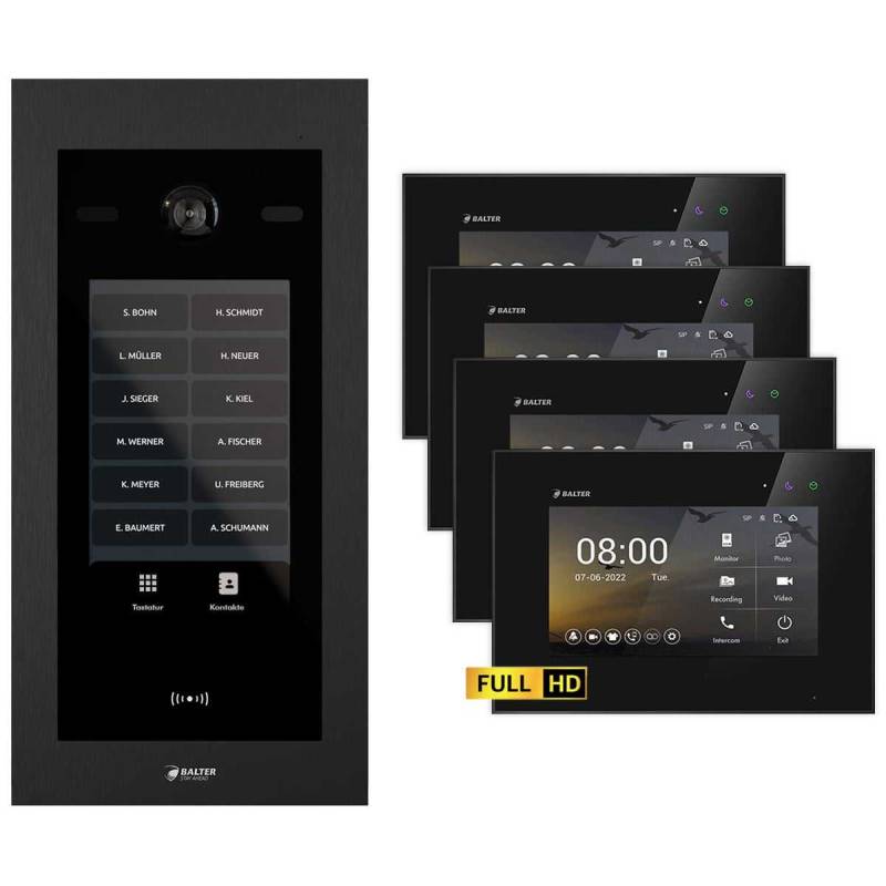 Balter EVO HD Touch Video Türsprechanlage Ein- & Mehrfamilienhaus Schwarz 4x 7 Monitor Schwarz von Balter