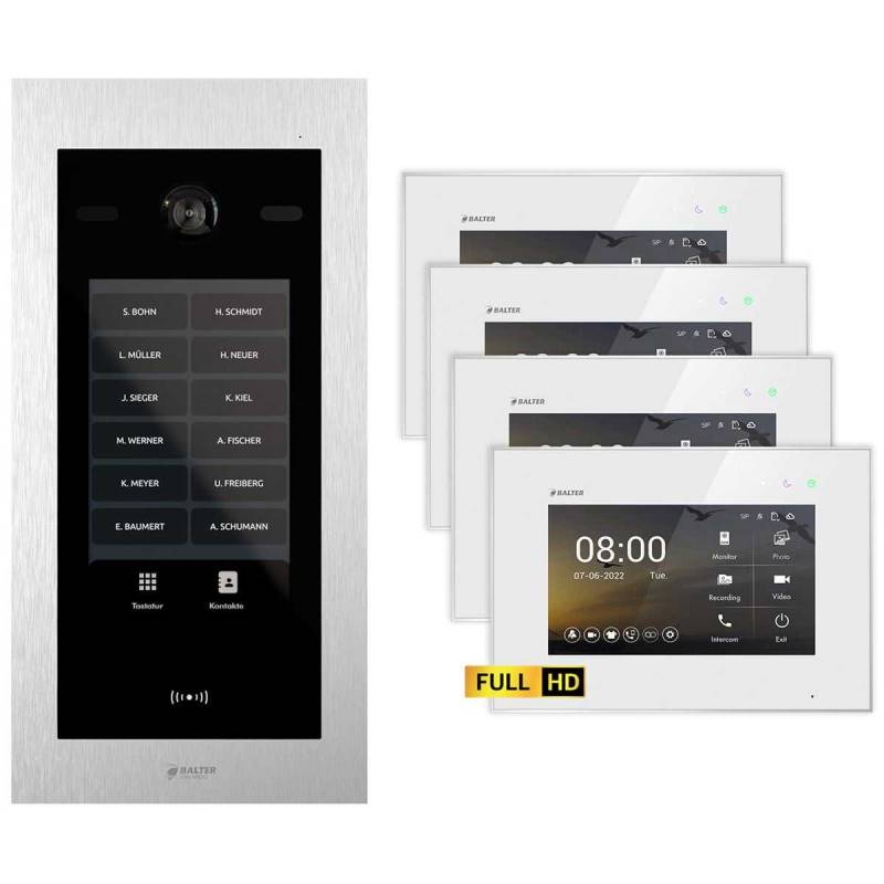 Balter EVO HD Touch Video Türsprechanlage Ein- & Mehrfamilienhaus Silber 4x 7 Monitor Weiß von Balter
