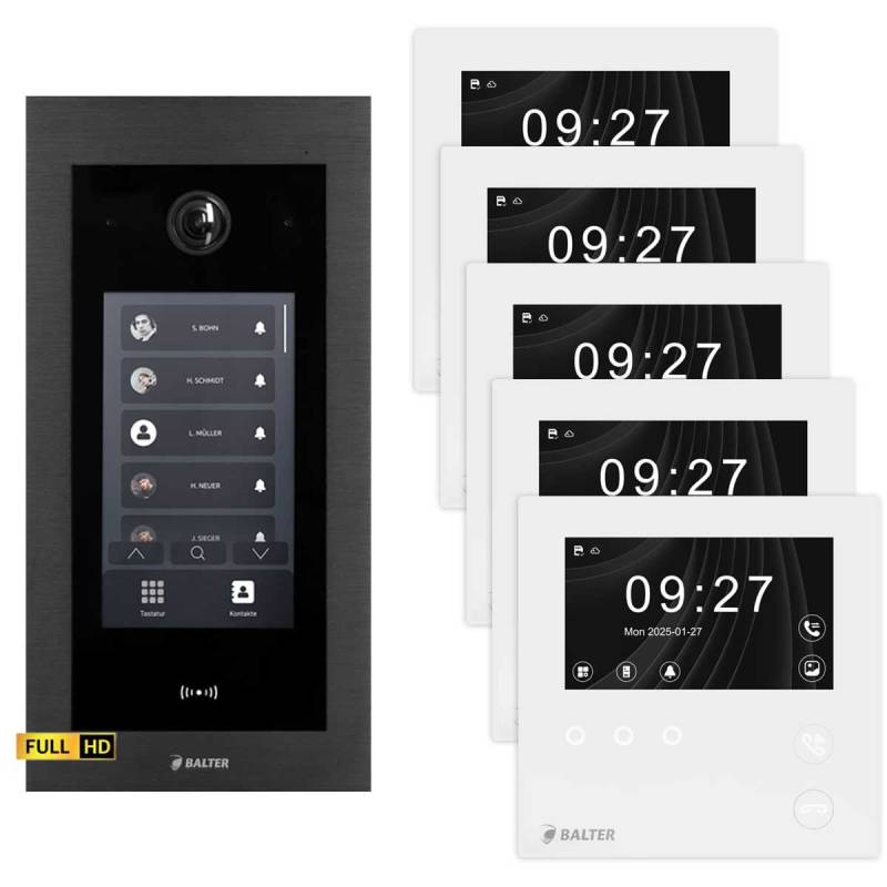 BALTER EVO HD Touch Video Türsprechanlage 4.3 Zoll Mini HD Monitor Set 5x Mini HD Monitor Weiß 5 Familienhaus Schwarz Unterputz von Balter