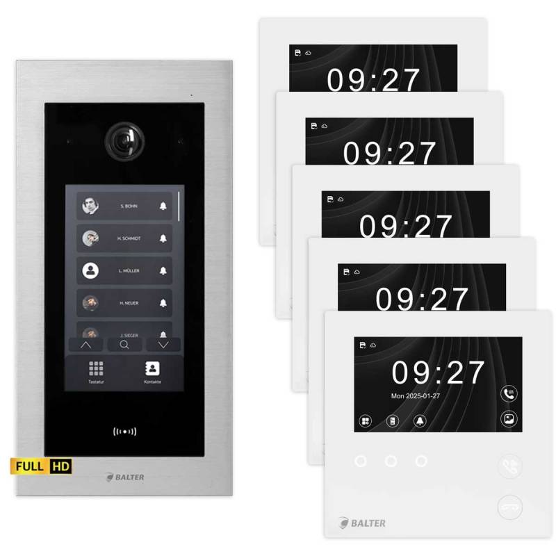 BALTER EVO HD Touch Video Türsprechanlage 4.3 Zoll Mini HD Monitor Set 5x Mini HD Monitor Weiß 5 Familienhaus Silber Unterputz von Balter