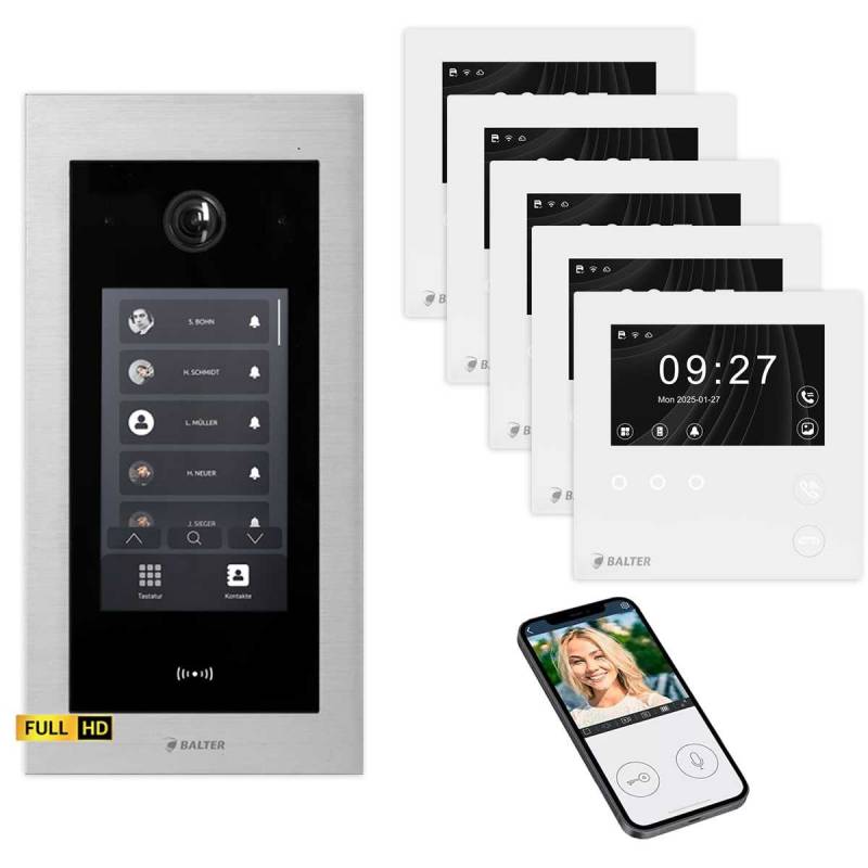 BALTER EVO HD Touch Video Türsprechanlage 4.3 Zoll Mini HD Monitor Set 5x Mini HD Monitor WiFi Weiß 5 Familienhaus Silber Unterputz von Balter