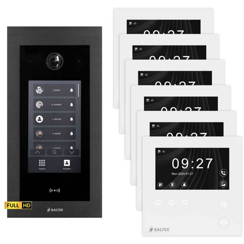 BALTER EVO HD Touch Video Türsprechanlage 4.3 Zoll Mini HD Monitor Set 6x Mini HD Monitor Weiß 6 Familienhaus Schwarz Unterputz von Balter