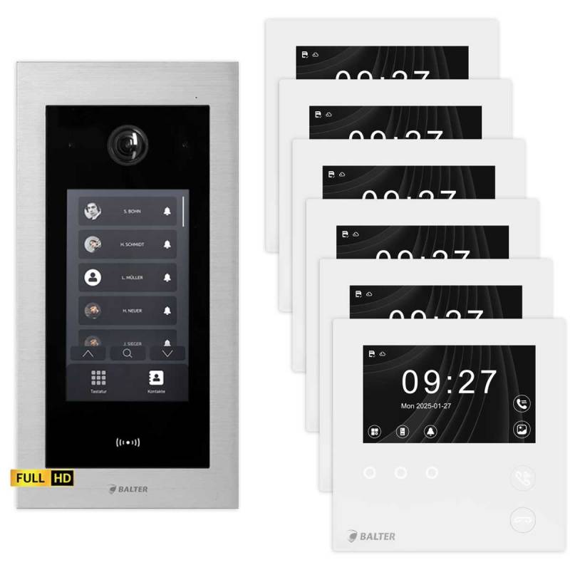 BALTER EVO HD Touch Video Türsprechanlage 4.3 Zoll Mini HD Monitor Set 6x Mini HD Monitor Weiß 6 Familienhaus Silber Unterputz von Balter
