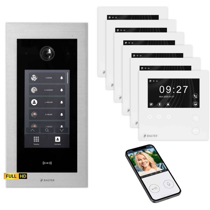 BALTER EVO HD Touch Video Türsprechanlage 4.3 Zoll Mini HD Monitor Set 6x Mini HD Monitor WiFi Weiß 6 Familienhaus Silber Unterputz von Balter
