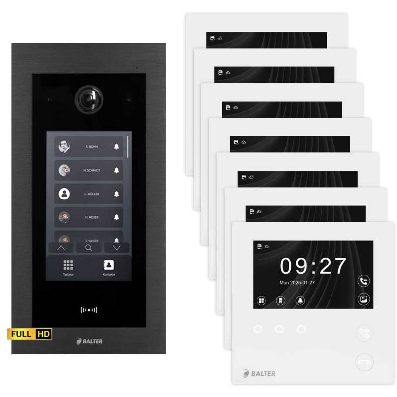 BALTER EVO HD Touch Video Türsprechanlage 4.3 Zoll Mini HD Monitor Set 7x Mini HD Monitor Weiß 7 Familienhaus Schwarz Unterputz von Balter