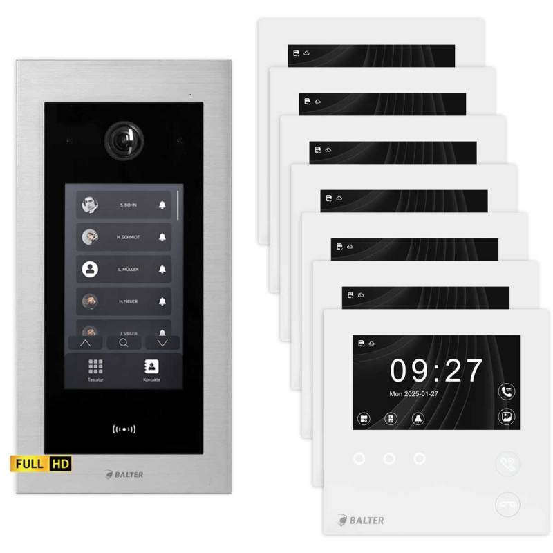 BALTER EVO HD Touch Video Türsprechanlage 4.3 Zoll Mini HD Monitor Set 7x Mini HD Monitor Weiß 7 Familienhaus Silber Unterputz von Balter