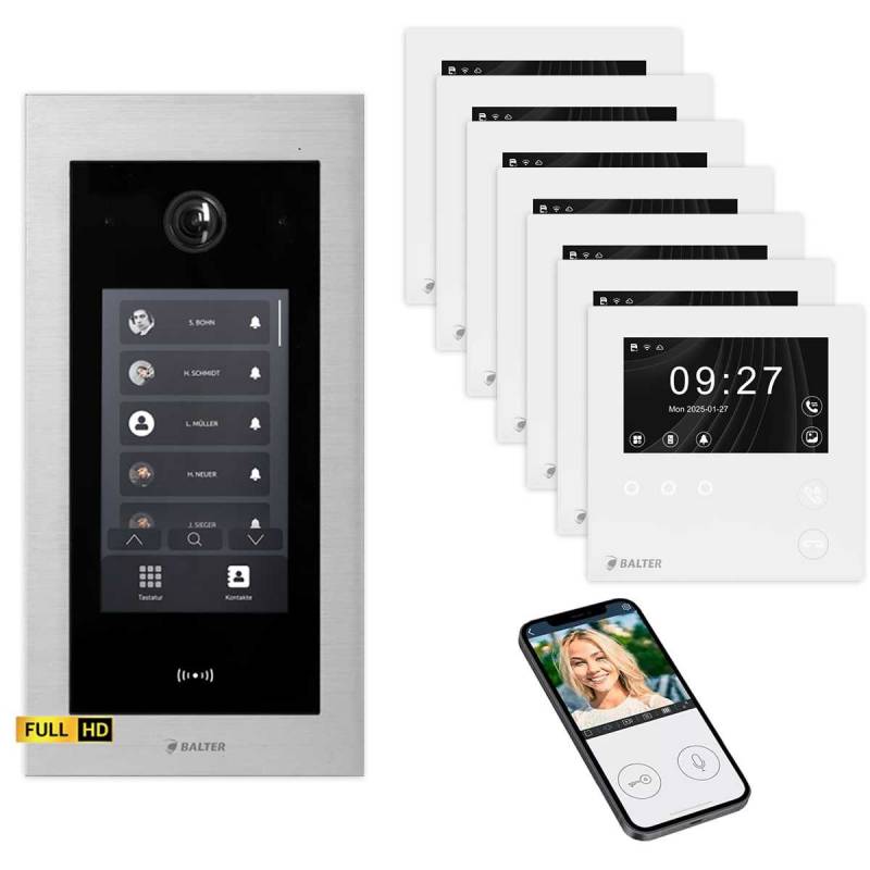 BALTER EVO HD Touch Video Türsprechanlage 4.3 Zoll Mini HD Monitor Set 7x Mini HD Monitor WiFi Weiß 7 Familienhaus Silber Unterputz von Balter