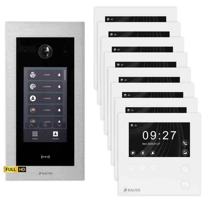 BALTER EVO HD Touch Video Türsprechanlage 4.3 Zoll Mini HD Monitor Set 8x Mini HD Monitor Weiß 8 Familienhaus Silber Unterputz von Balter