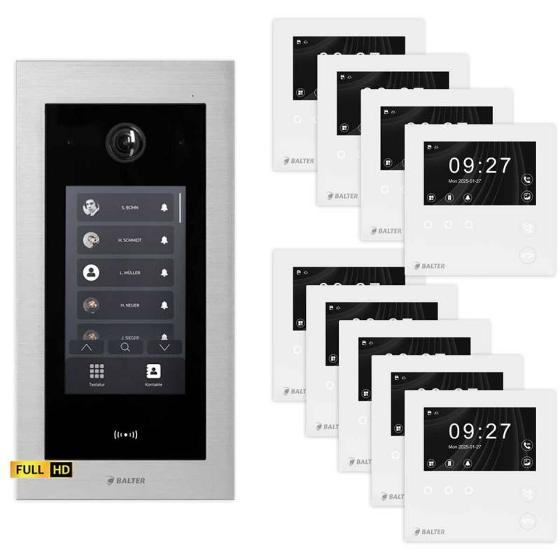 BALTER EVO HD Touch Video Türsprechanlage 4.3 Zoll Mini HD Monitor Set 9x Mini HD Monitor Weiß 9 Familienhaus Silber Unterputz von Balter