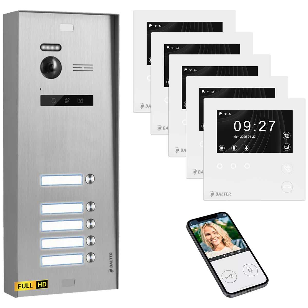 BALTER EVO HD Video Türsprechanlage 4.3 Zoll Mini HD Monitor Set 5x Mini HD Monitor WiFi Weiß 5 Familienhaus Silber Aufputz BALTER EVO HD Video Türsprechanlage 4.3 Zoll Mini HD Monitor Set 5x Mini HD Monitor WiFi Weiß 5 Familienhaus Silber Aufputz von Balter