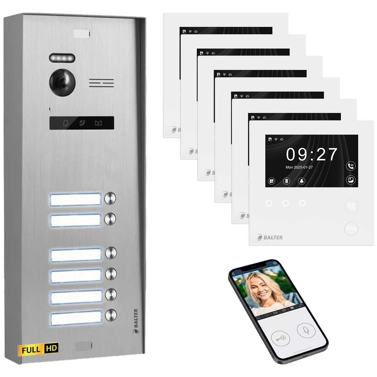BALTER EVO HD Video Türsprechanlage 4.3 Zoll Mini HD Monitor Set 6x Mini HD Monitor WiFi Weiß 6 Familienhaus Silber Aufputz BALTER EVO HD Video Türsprechanlage 4.3 Zoll Mini HD Monitor Set 6x Mini HD Monitor WiFi Weiß 6 Familienhaus Silber Aufputz von Balter