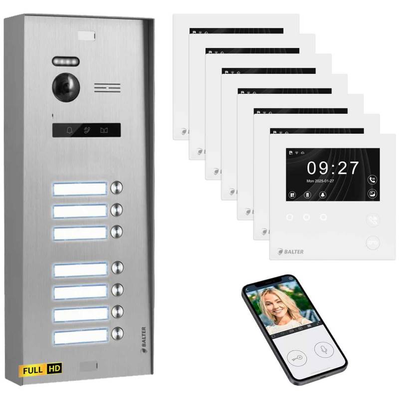 BALTER EVO HD Video Türsprechanlage 4.3 Zoll Mini HD Monitor Set 7x Mini HD Monitor WiFi Weiß 7 Familienhaus Silber Aufputz von Balter