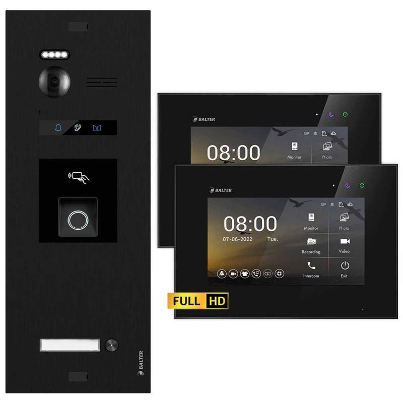 BALTER EVO HD Video Türsprechanlage mit Fingerprint Schwarz/Schwarz 1 Familienhaus Set 2x 7 Monitor von Balter