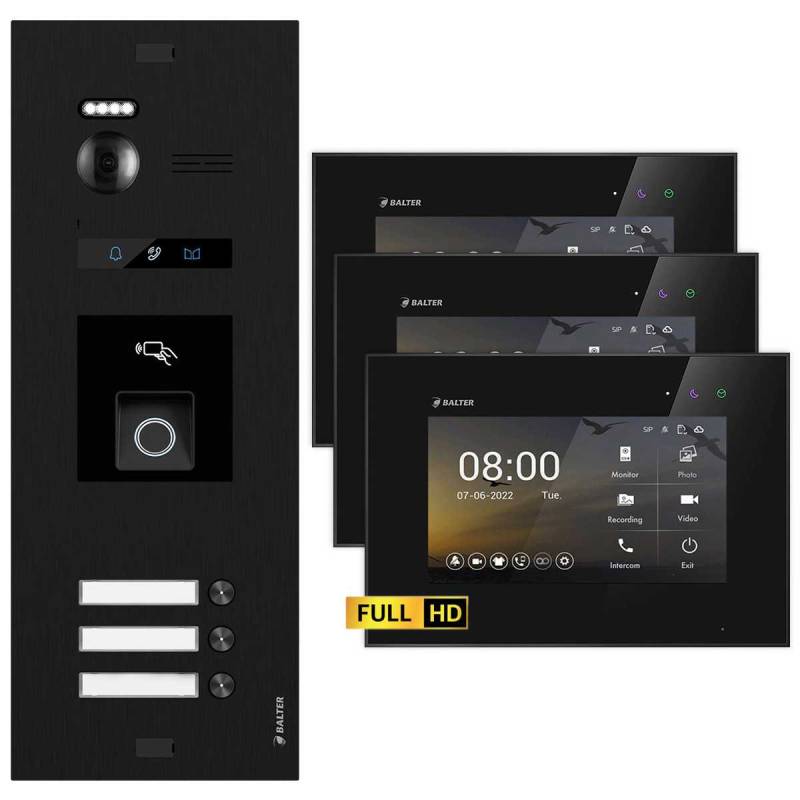 BALTER EVO HD Video Türsprechanlage mit Fingerprint Schwarz/Schwarz 3 Familienhaus Set 3x 7 Monitor von Balter