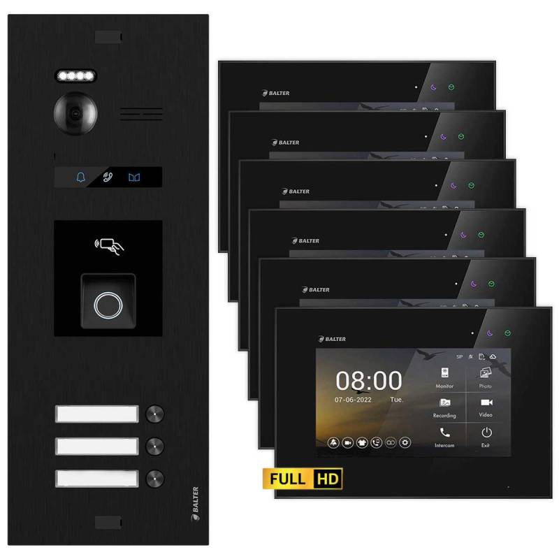 BALTER EVO HD Video Türsprechanlage mit Fingerprint Schwarz/Schwarz 3 Familienhaus Set 6x 7 Monitor von Balter