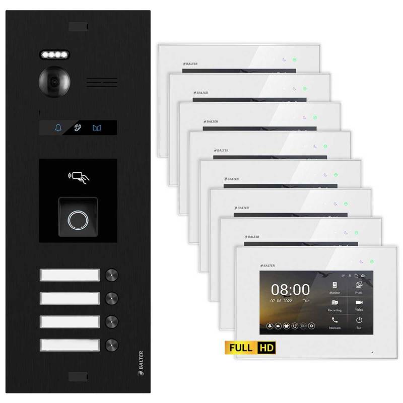 BALTER EVO HD Video Türsprechanlage mit Fingerprint Schwarz/Weiß 4 Familienhaus Set 8x 7 Monitor von Balter