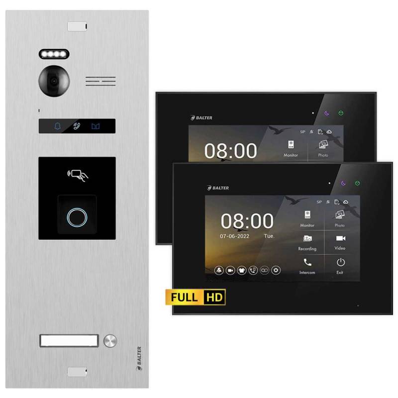 BALTER EVO HD Video Türsprechanlage mit Fingerprint Silber/Schwarz 1 Familienhaus Set 2x 7 Monitor von Balter