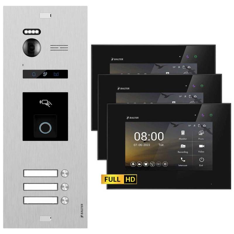 BALTER EVO HD Video Türsprechanlage mit Fingerprint Silber/Schwarz 3 Familienhaus Set 3x 7 Monitor von Balter