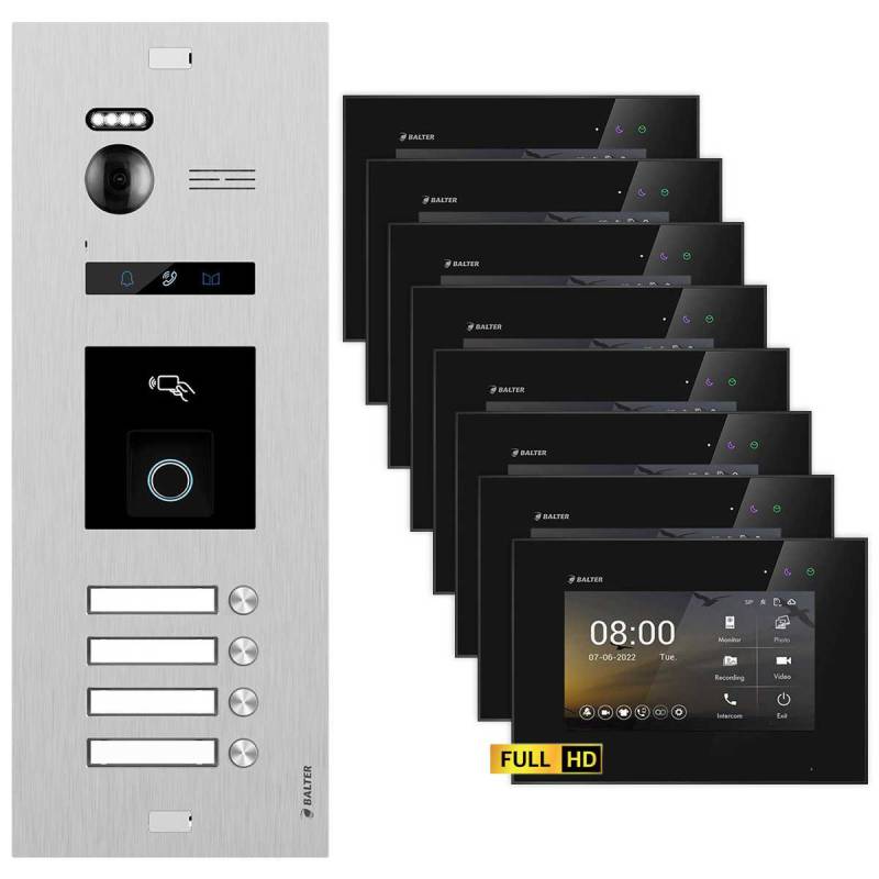 BALTER EVO HD Video Türsprechanlage mit Fingerprint Silber/Schwarz 4 Familienhaus Set 8x 7 Monitor von Balter