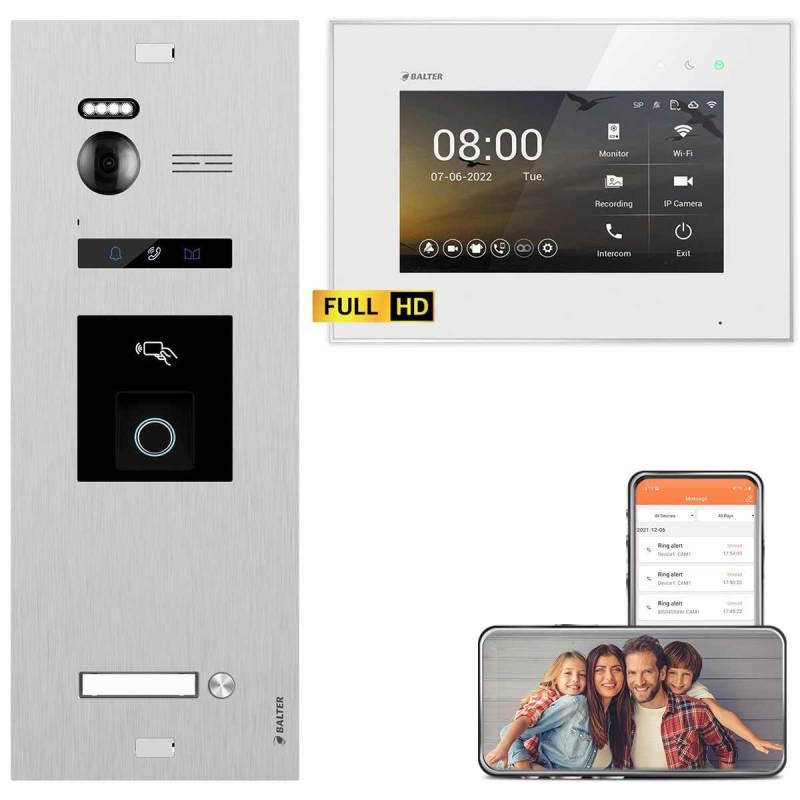 BALTER EVO HD Video Türsprechanlage mit Fingerprint Silber/Weiß 1 Familienhaus Set 1x 7 Monitor WiFi von Balter