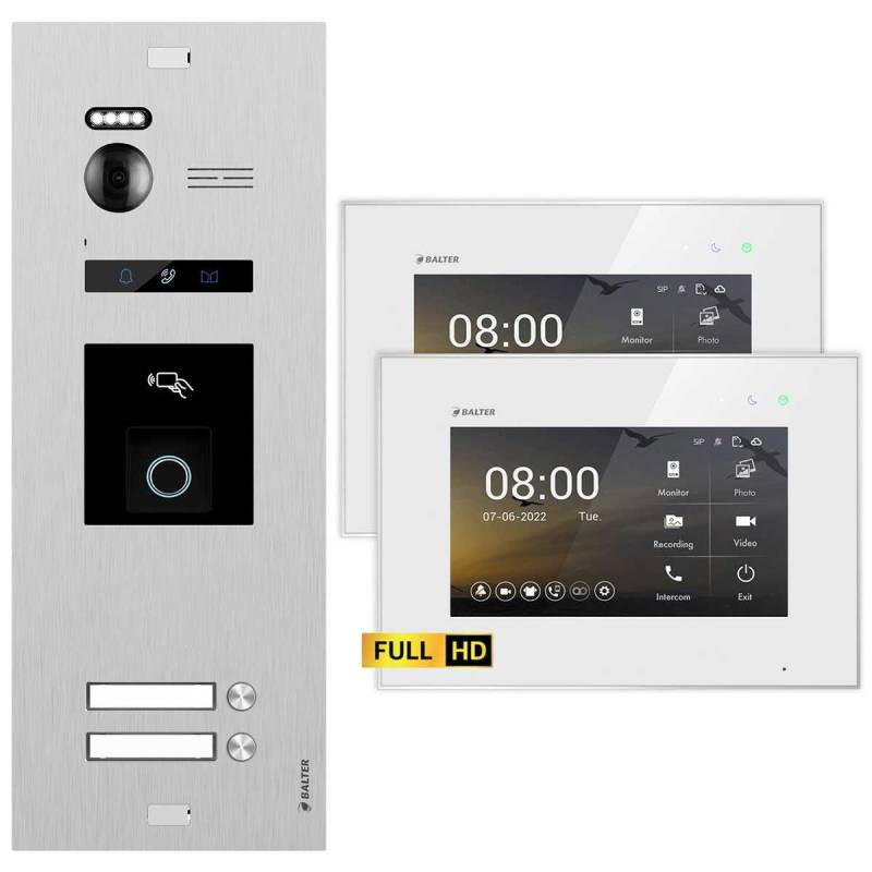 BALTER EVO HD Video Türsprechanlage mit Fingerprint Silber/Weiß 2 Familienhaus Set 2x 7 Monitor von Balter