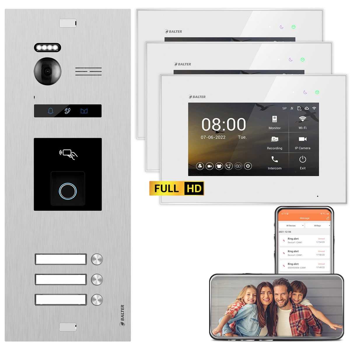 BALTER EVO HD Video Türsprechanlage mit Fingerprint Silber/Weiß 3 Familienhaus Set 3x 7 Monitor WiFi BALTER EVO HD Video Türsprechanlage mit Fingerprint Silber/Weiß 3 Familienhaus Set 3x 7 Monitor WiFi von Balter