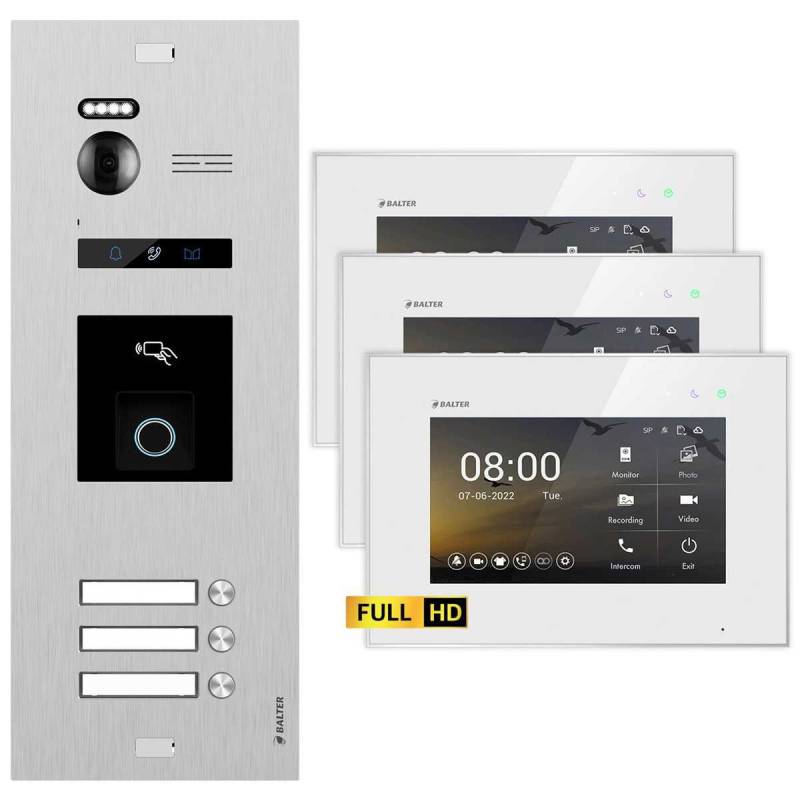 BALTER EVO HD Video Türsprechanlage mit Fingerprint Silber/Weiß 3 Familienhaus Set 3x 7 Monitor von Balter