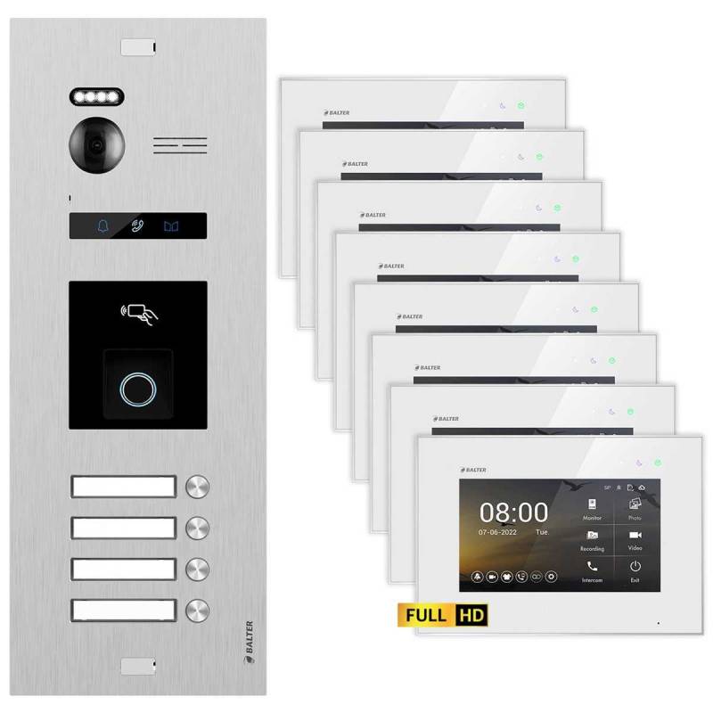 BALTER EVO HD Video Türsprechanlage mit Fingerprint Silber/Weiß 4 Familienhaus Set 8x 7 Monitor von Balter