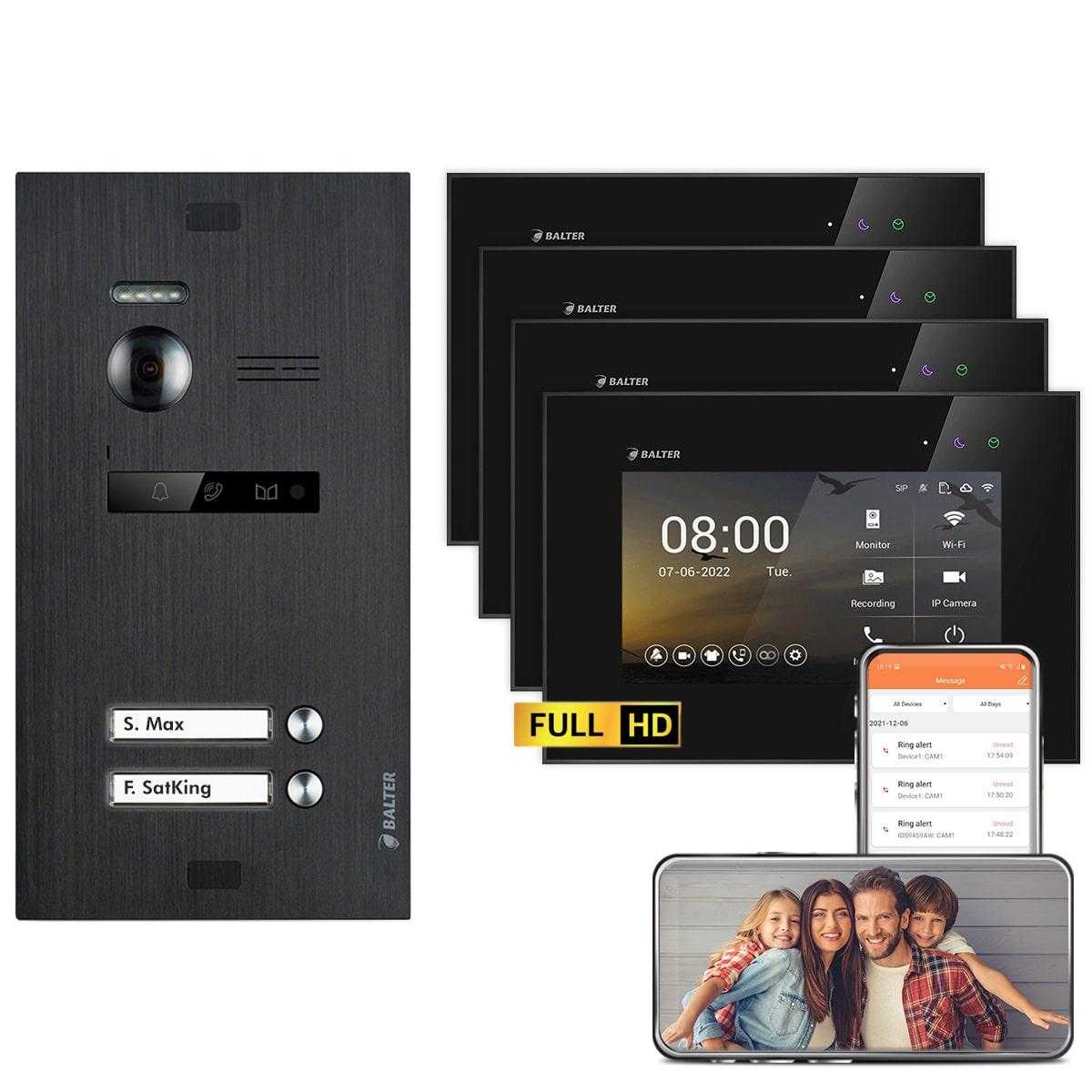 BALTER EVO HD Video Türsprechanlagen Schwarz/Schwarz 2 Familienhaus Set 4x 7 LCD Monitor WiFi von Balter