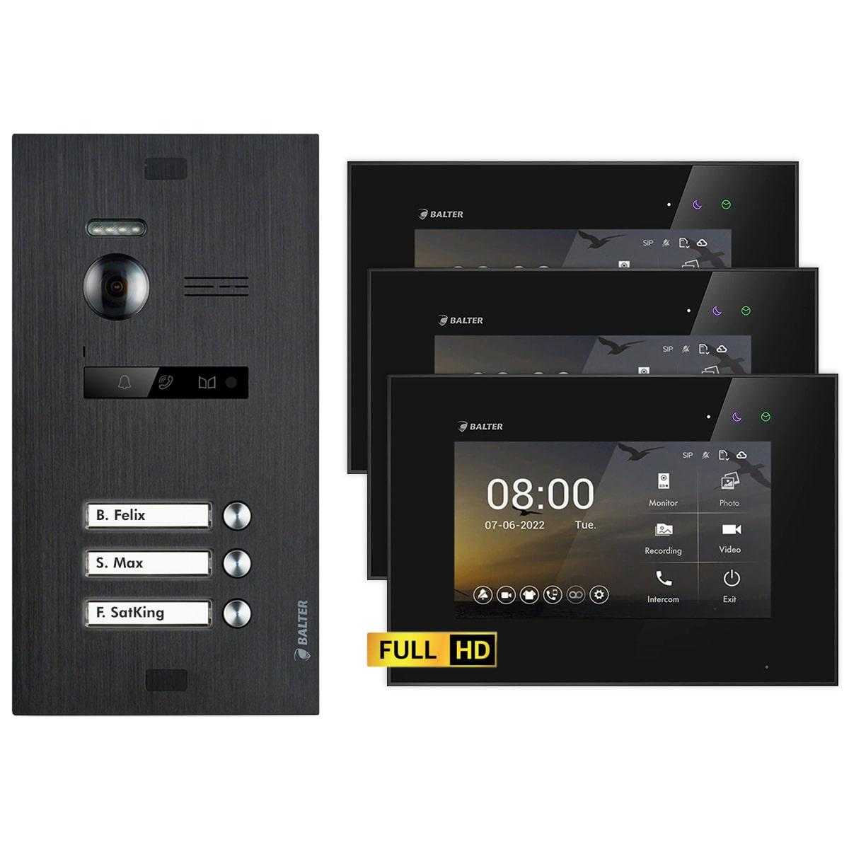 BALTER EVO HD Video Türsprechanlagen Schwarz/Schwarz 3 Familienhaus Set 3x 7 LCD Monitor von Balter
