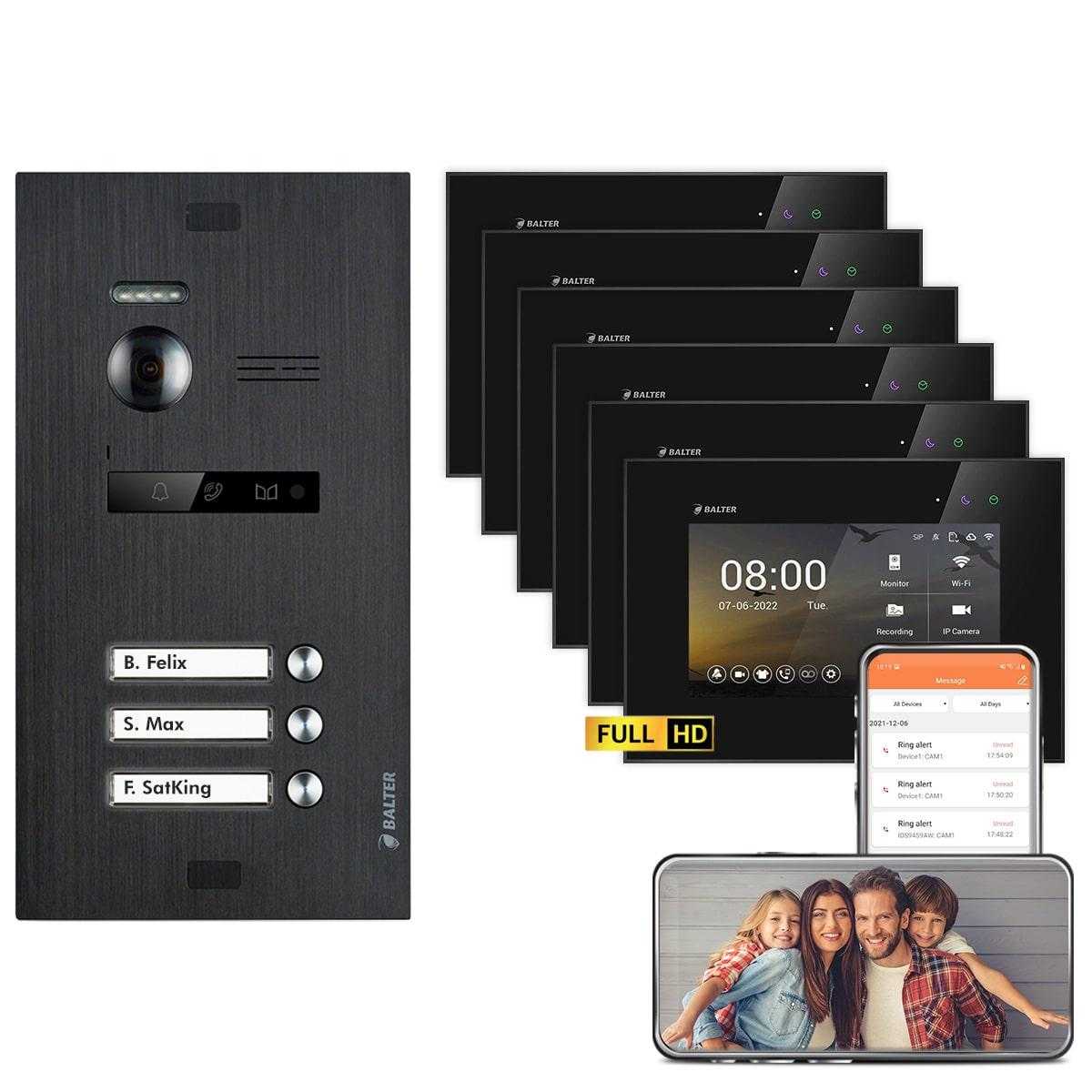 BALTER EVO HD Video Türsprechanlagen Schwarz/Schwarz 3 Familienhaus Set 6x 7 LCD Monitor WiFi von Balter