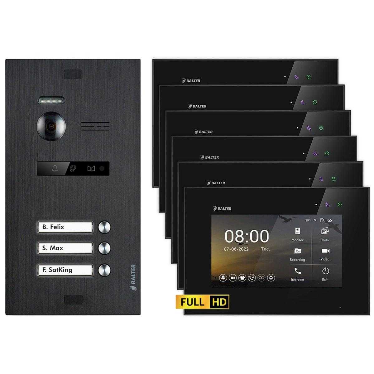 BALTER EVO HD Video Türsprechanlagen Schwarz/Schwarz 3 Familienhaus Set 6x 7 LCD Monitor von Balter